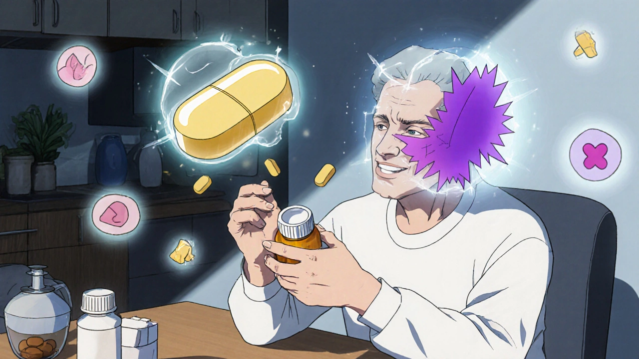 A Parkinson’s patient holding a pill bottle as ghostly tablets hover, showing different dissolution speeds.