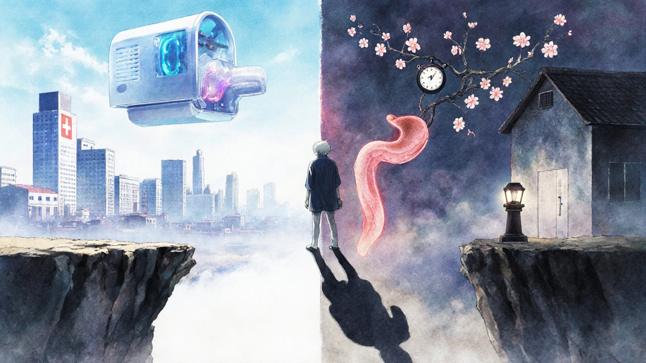 A patient facing two paths: one to a well-equipped hospital and healthy future, the other to a neglected clinic and cancerous decline.