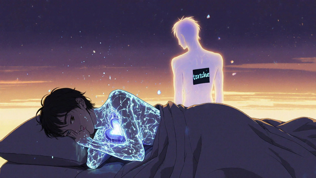 A person experiencing withdrawal, body fractured into glowing fragments, with a ghostly double of their former self fading behind.