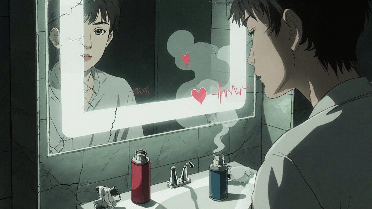 A person staring at their reflection in a bathroom mirror surrounded by empty inhalers and ghostly heartbeats.