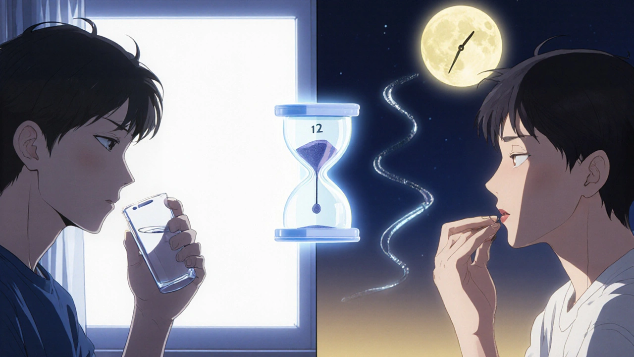 A person taking thyroid medication in morning light and fiber at night, separated by a glowing hourglass.