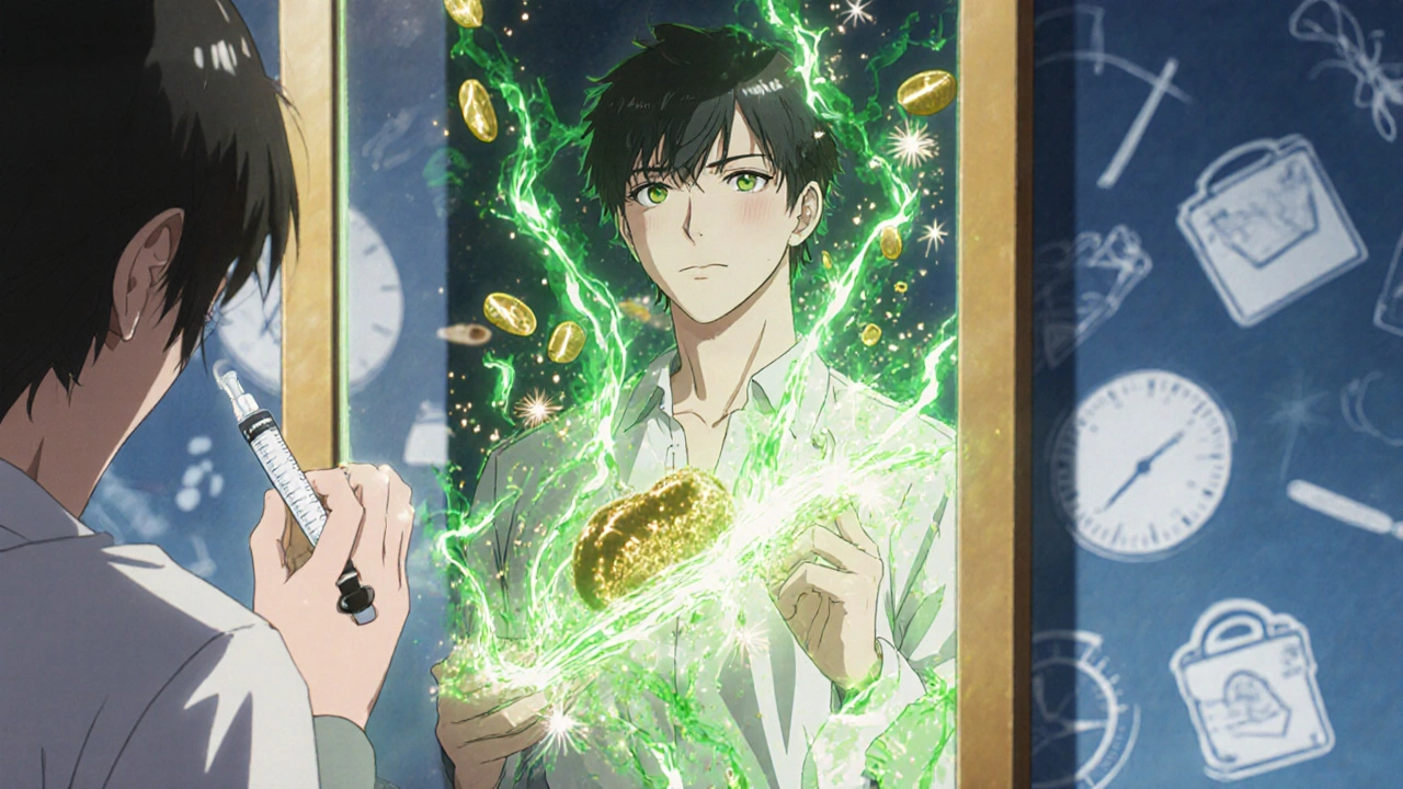 A person transforming from overweight to lean as golden-green energy flows from a syringe, representing weight loss.