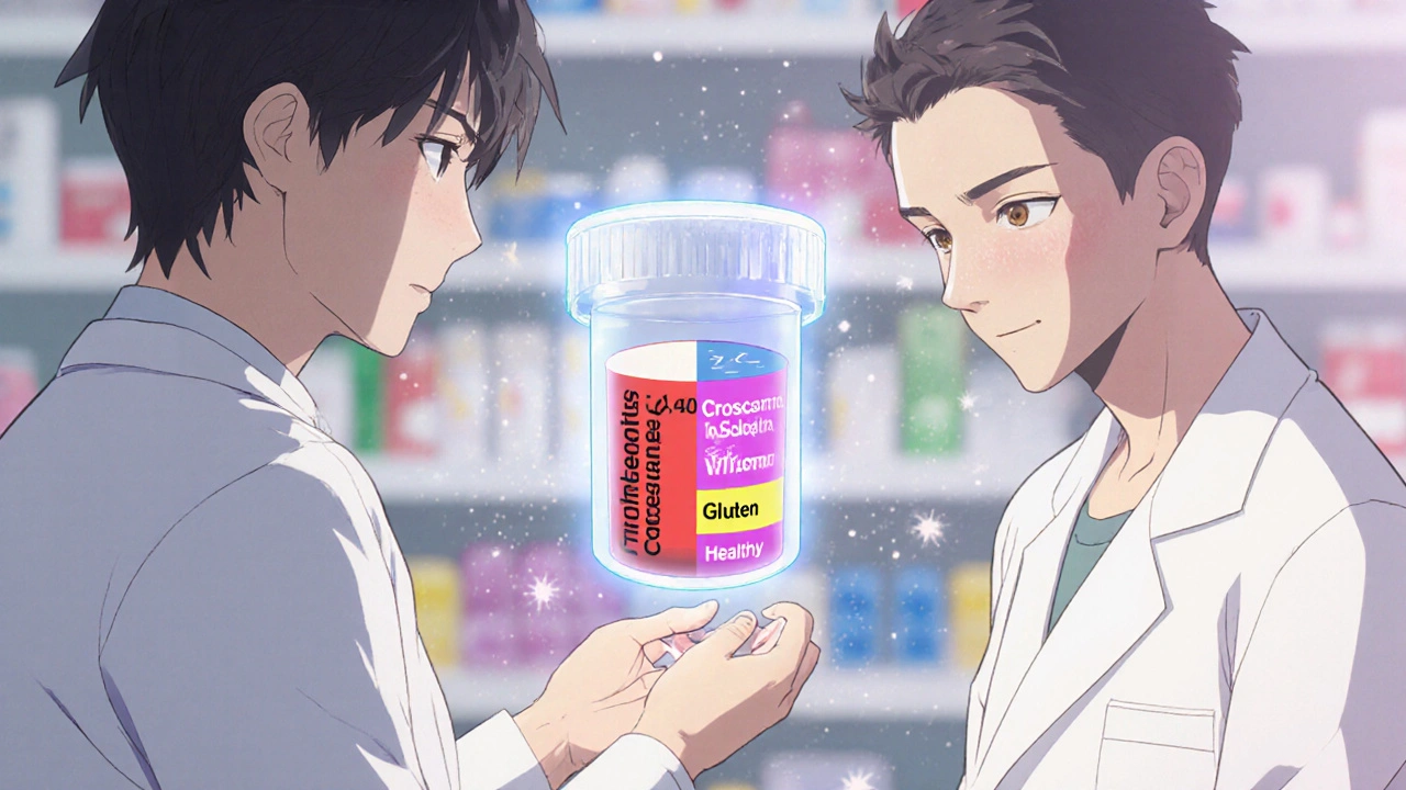 A pharmacist handing a prescription as a transparent pill reveals hidden excipients inside.