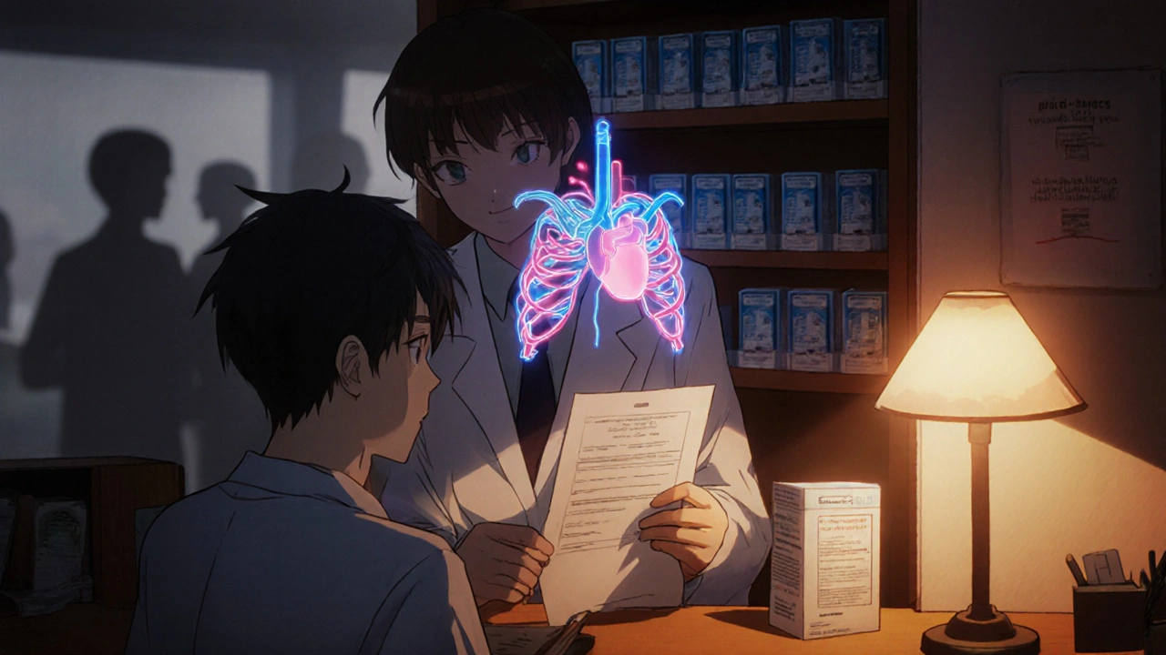 A pharmacist handing a prescription to a teenager, their shadow forming a heart with wires connected to ribs.