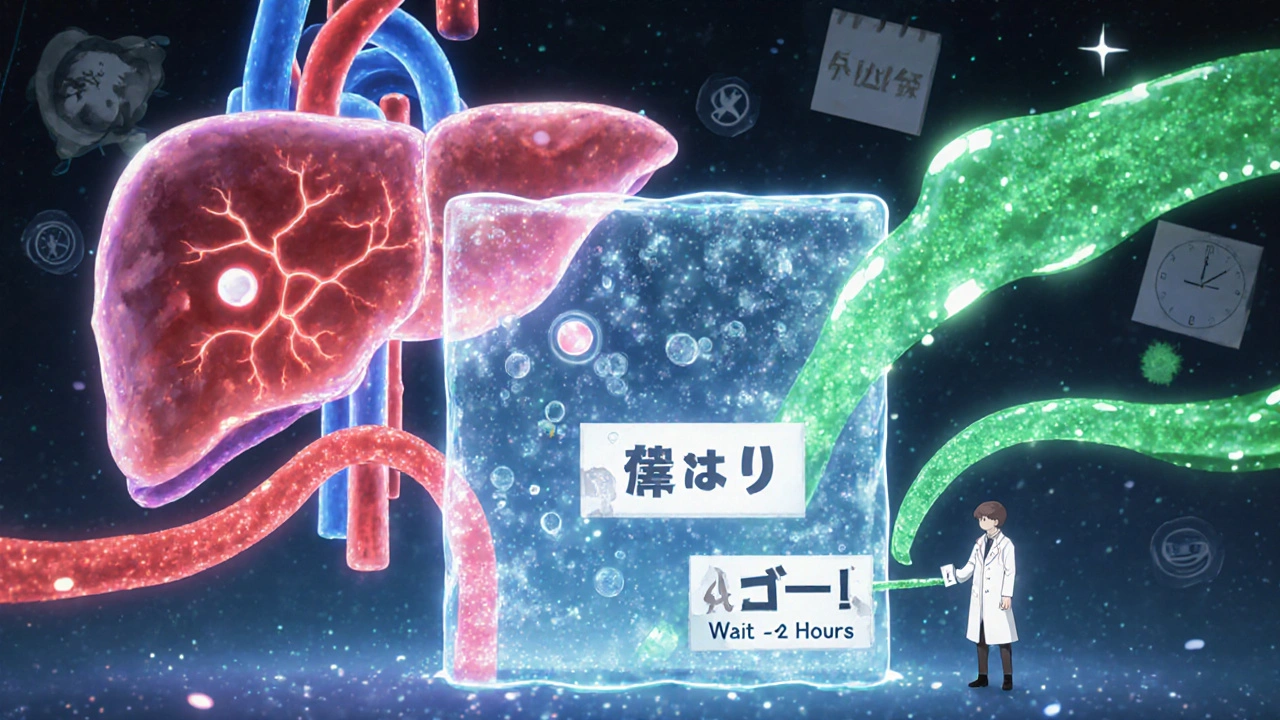 A red medication stream and green fiber stream blocked by a gel barrier, with a lab figure holding a &#039;wait&#039; sign.