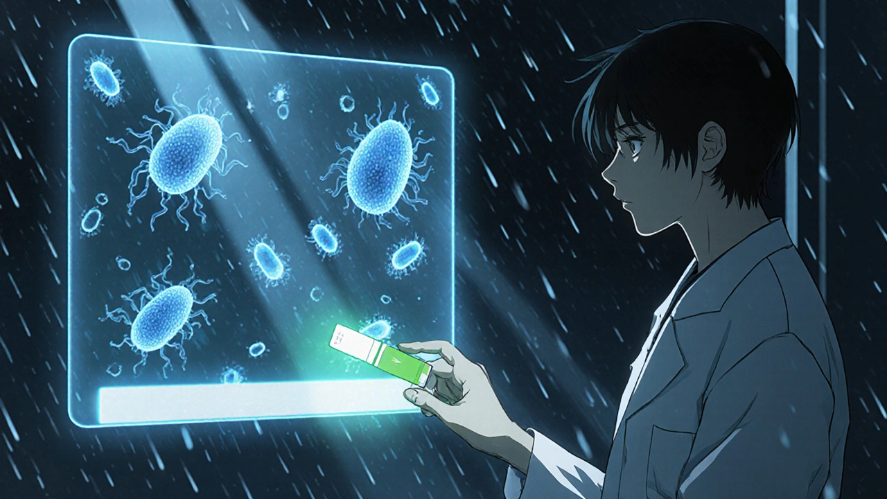 A test strip glowing beside an antibiotic tablet, showing bacteria evolving into resistant superbugs.