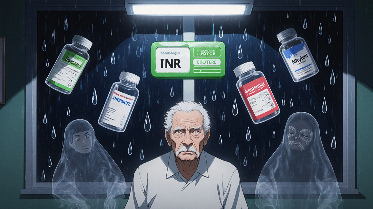 An elderly patient in a clinic with floating INR readings and generic pill bottles swirling around them.
