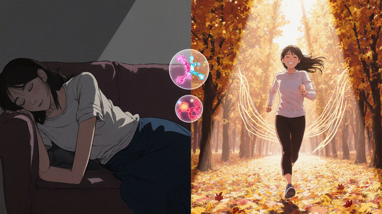 Before and after scene of a woman transitioning from fatigue to energy while jogging through autumn leaves.