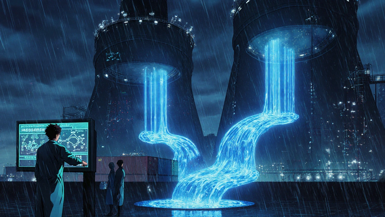 Chinese chemical plant emitting glowing APIs under stormy skies with biologics data screens.