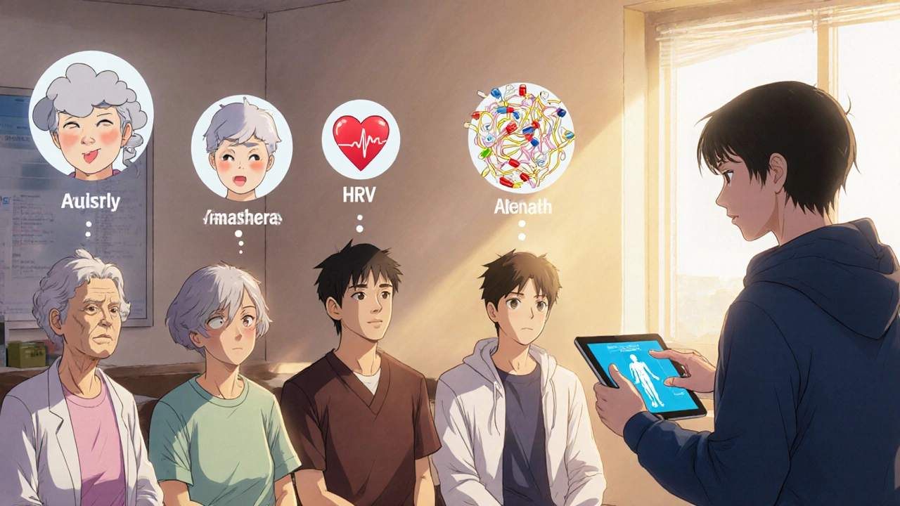 Diverse patients with digital side effect avatars floating above them, guided by a digital navigator in a clinic.