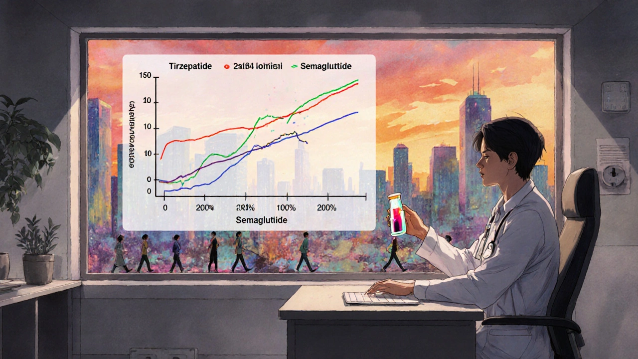 Doctor and patient viewing a holographic weight loss chart, city brightening behind them as therapy brings change.