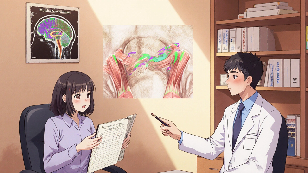 Doctor explaining brain pain signals to patient, contrasting outdated muscle theory with modern neuroscience.