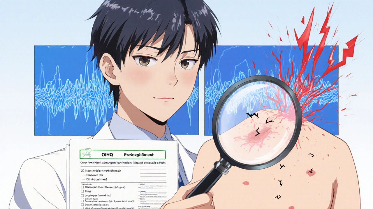 Doctor using a questionnaire and magnifying glass to detect pain signals triggered by light touch.