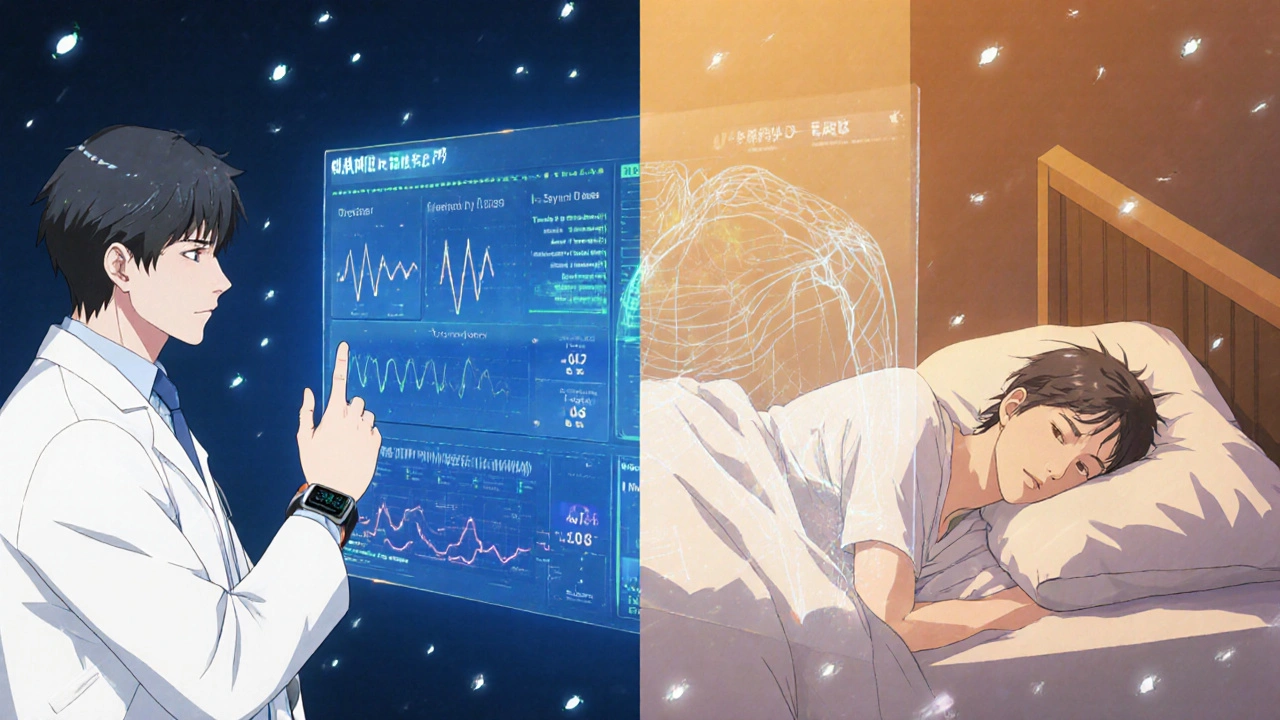 Doctor viewing holographic health data from a patient&#039;s wearable, with subtle energy lines showing nervous system stress.