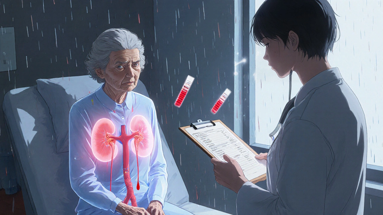 Elderly woman in clinic with translucent kidneys leaking blood, lab results and stool test glowing red.