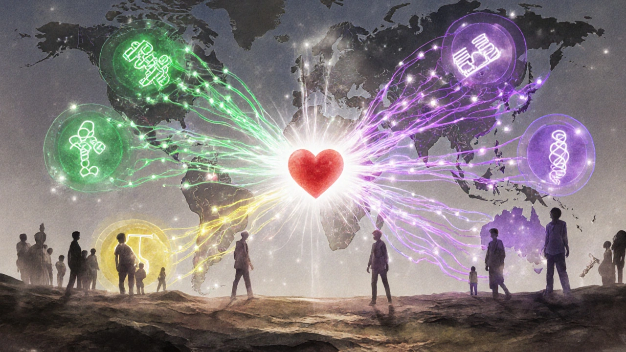 Global medicine supply chain flowing into a central heart, representing interconnected healthcare.