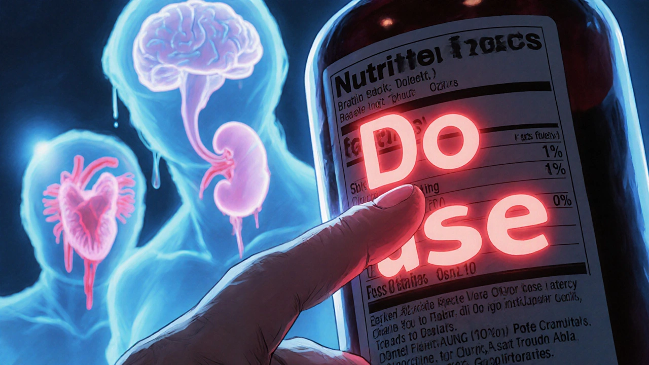 Hand pointing at OTC label with ghostly risk symbols floating behind it