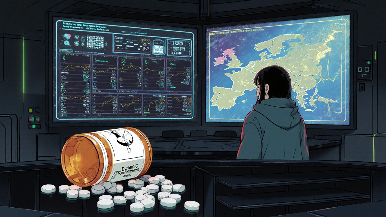 Holographic control room with 100 drugs and pulsing lines, a cracked pill bottle spilling into shadow.