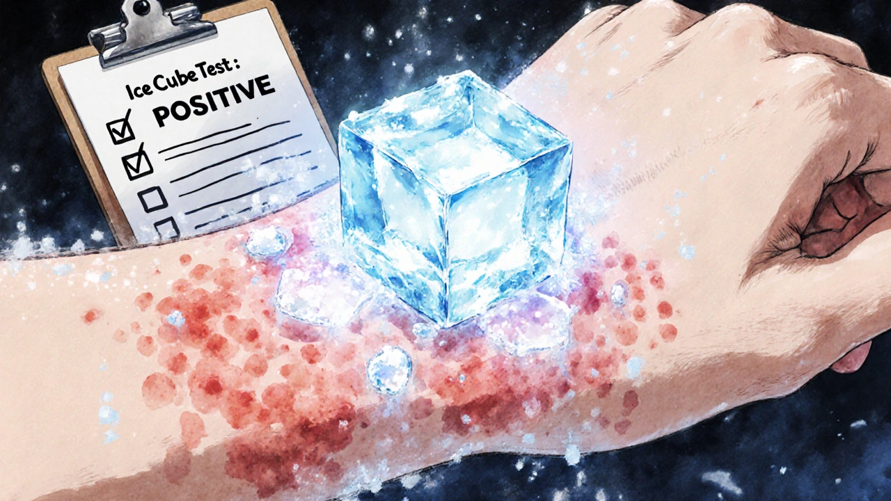 Ice cube test revealing a raised hive on forearm with medical context.