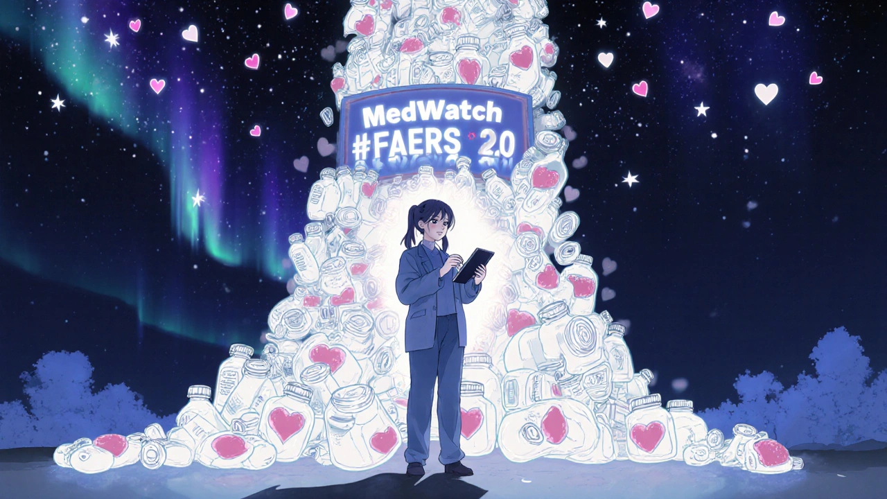 Patient submitting report at night, shadow forming chain of drug bottles leading to FDA server.