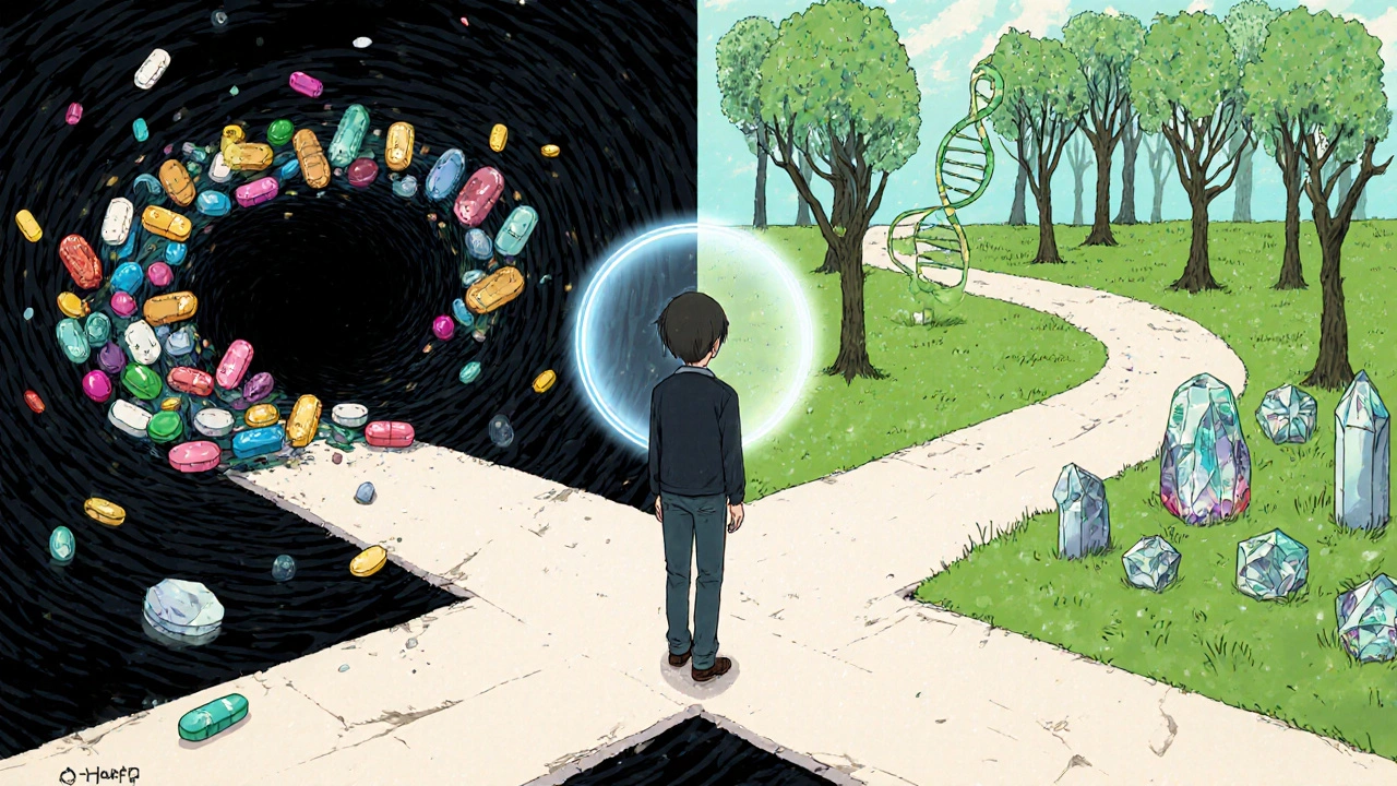 Person choosing between escalating opioid dependency and calming non-opioid therapies.