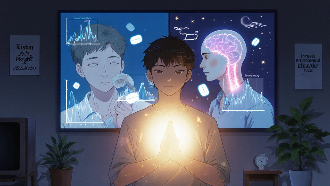 Person meditating at night with calming light and visual data showing reduced stress and improved habits.