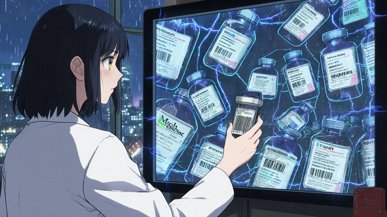 Pharmacist scanning barcode as multiple generic drug brands flicker in reflection on screen.