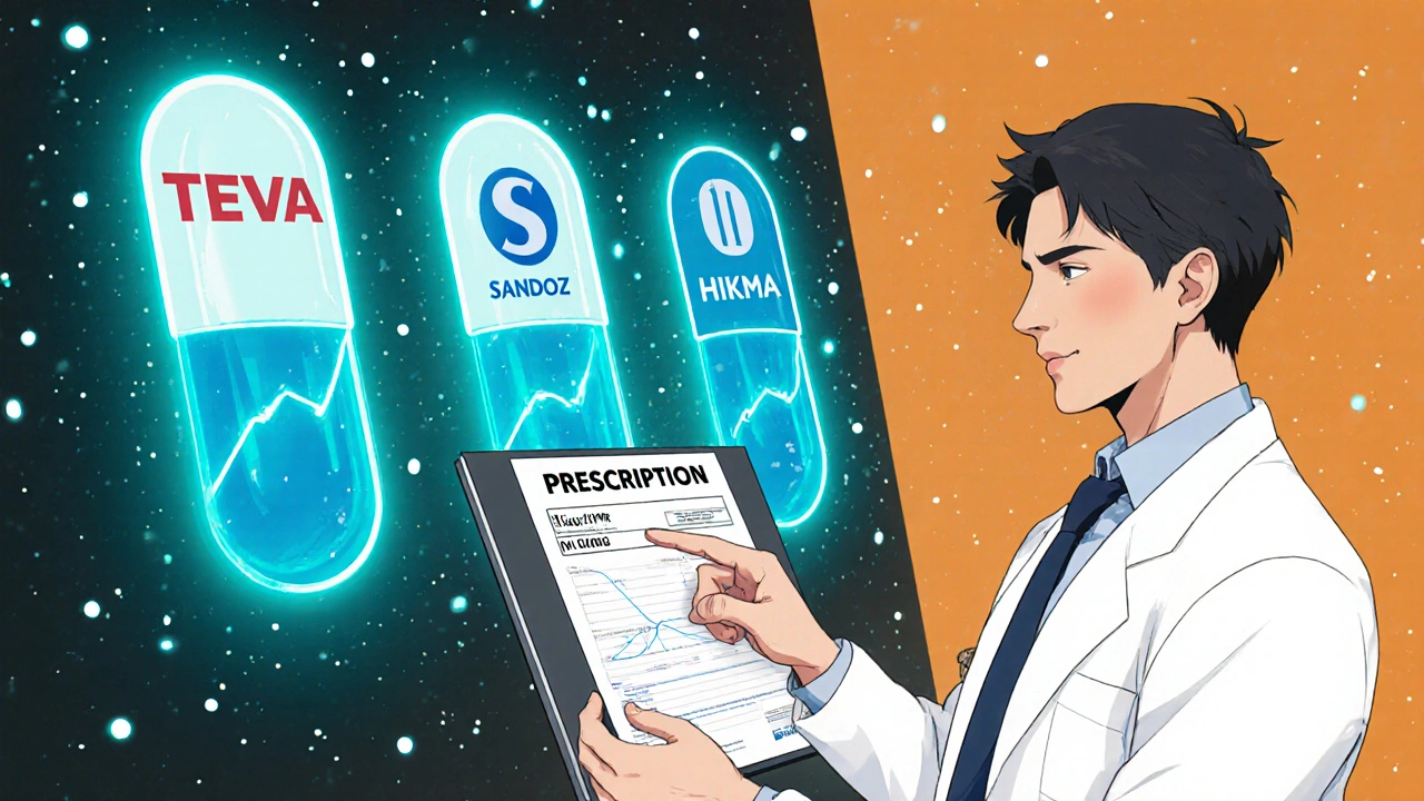 Pharmacist showing an NDC code on a screen while handing a prescription, with manufacturer logos and bioequivalence graphs in the background.