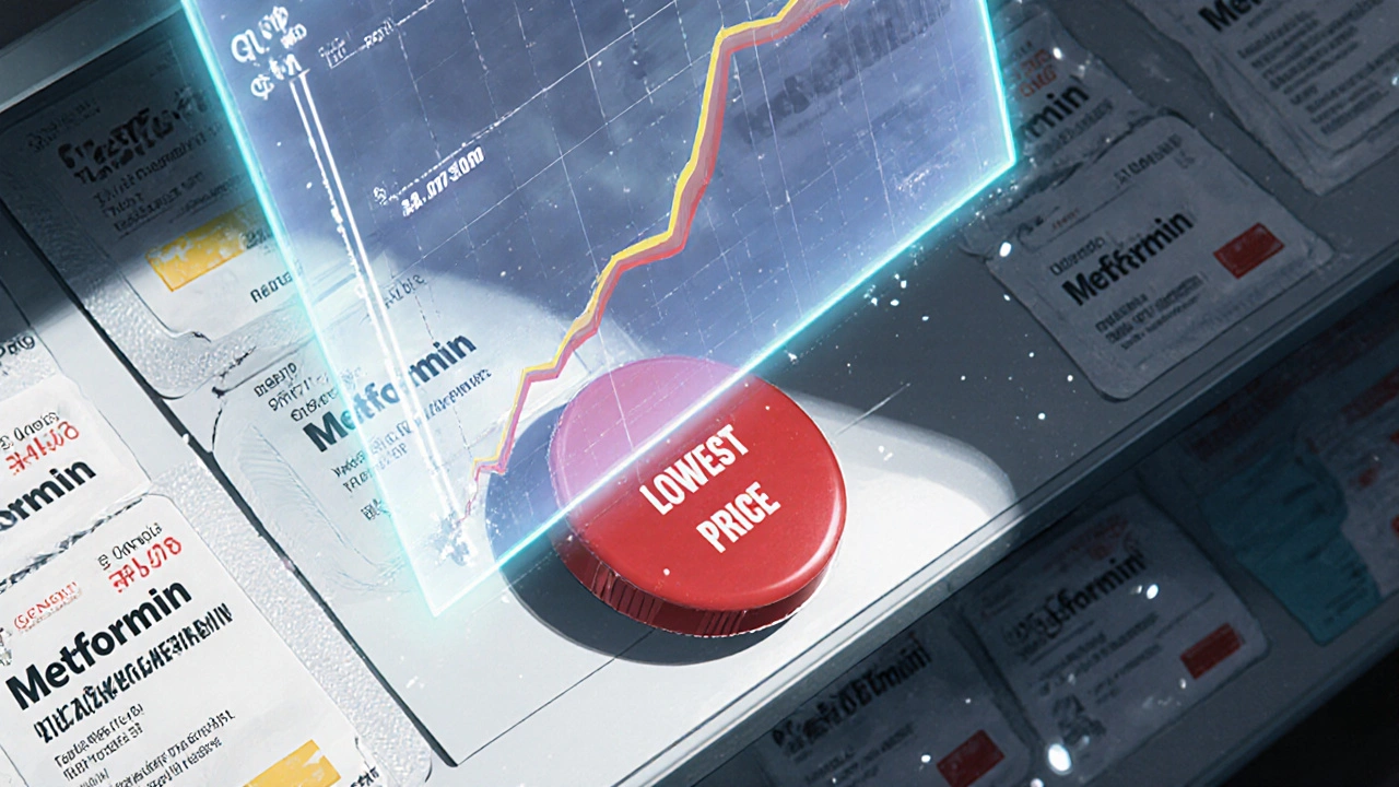 Pharmacy shelf with colorful generic pills, one bright red pill casting a long shadow.