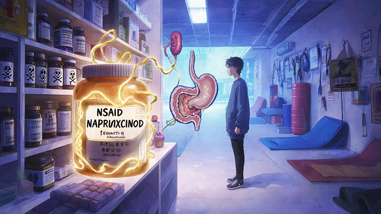 Pharmacy shelf with dangerous NSAIDs versus safe alternatives, one pill glowing golden with healing energy.