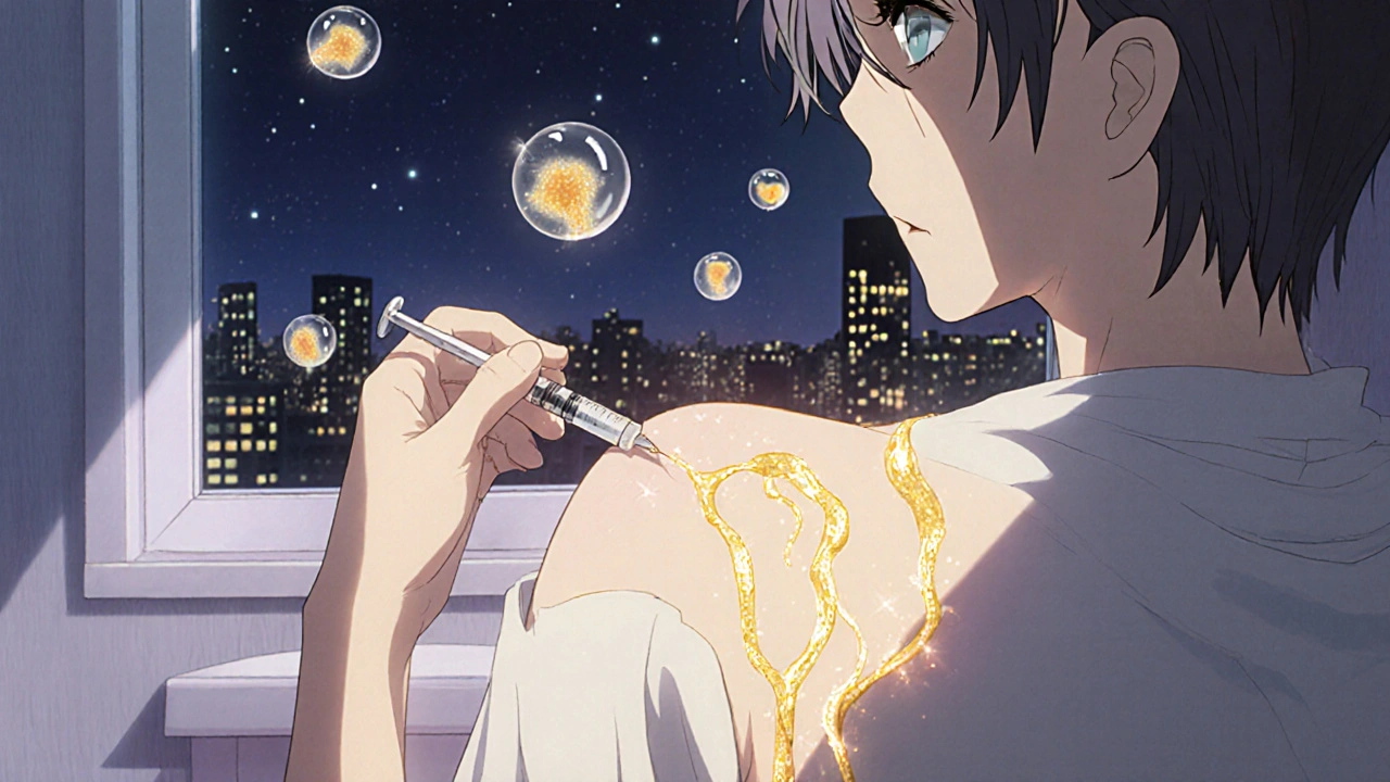 Someone giving themselves subcutaneous immunoglobulin therapy at home, with glowing therapeutic fluid entering their body.