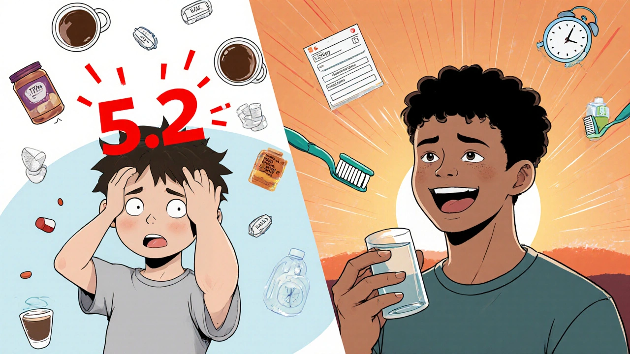 Split image: frustrated patient with high TSH vs. calm patient with stable levels, medical icons floating.