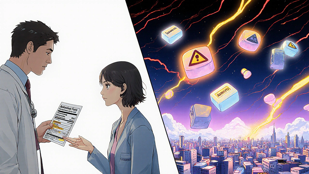 Split scene of doctor-patient talk with floating drug warning icons in dreamlike setting