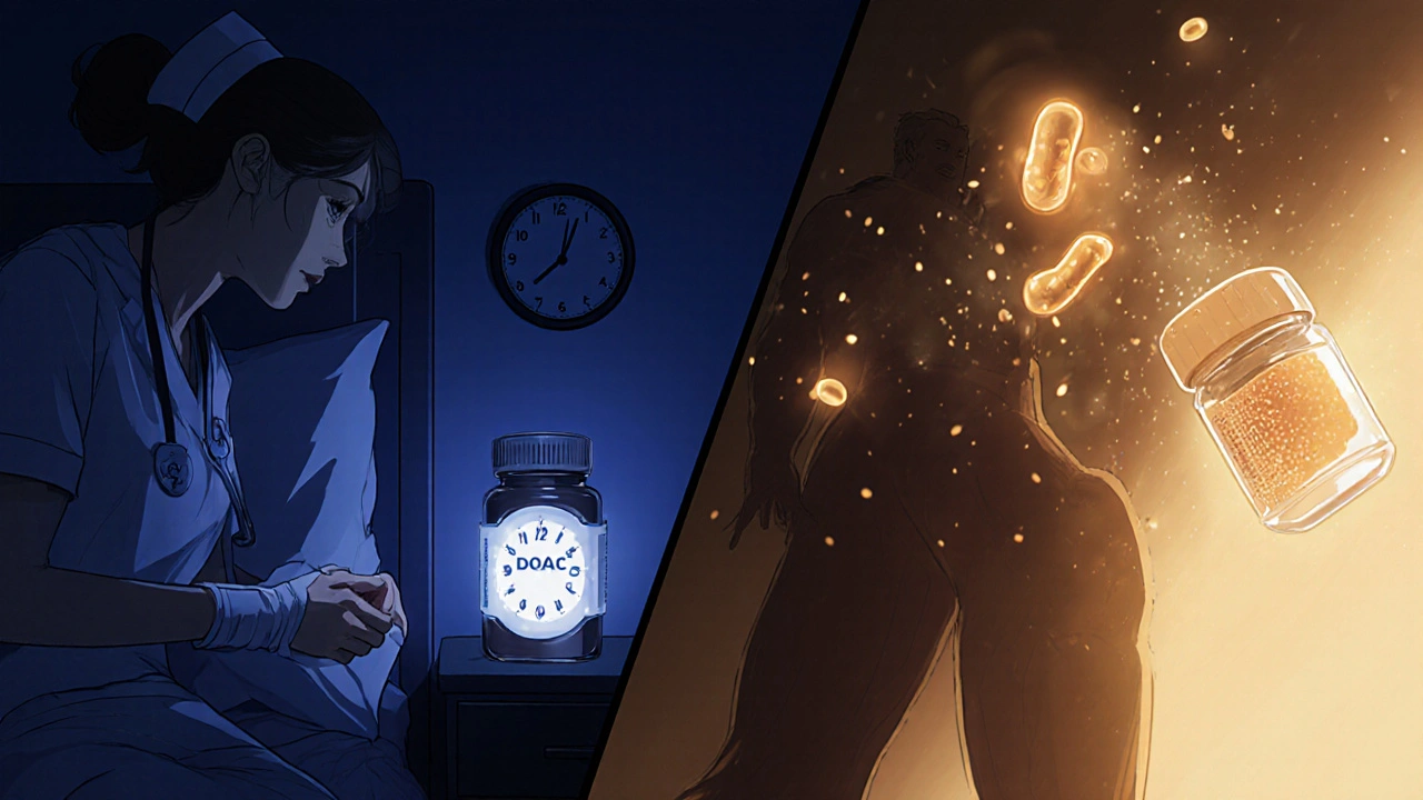 Split scene: recovery with pill bottle vs. dissolving blood clot in surreal tones