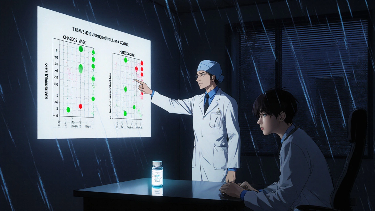 Surgeon and patient reviewing animated risk score charts under dramatic lighting