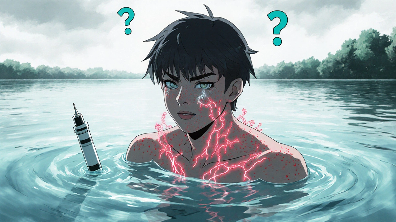 Swimmer developing hives in cold water, epinephrine injector nearby.