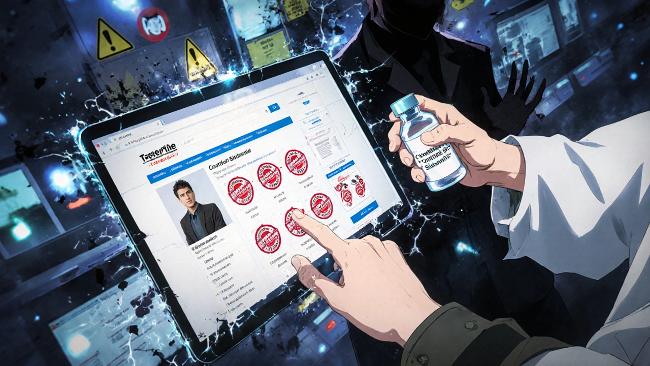 Two hands reaching for an online pharmacy page—one normal, one shadowy—screen showing fake safety badges cracking apart.