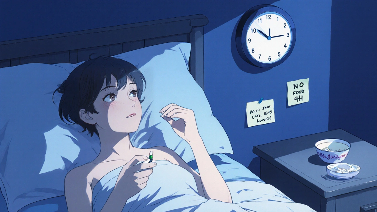 Woman taking thyroid medication at night, clock shows 11 PM, soy yogurt discarded on nightstand.