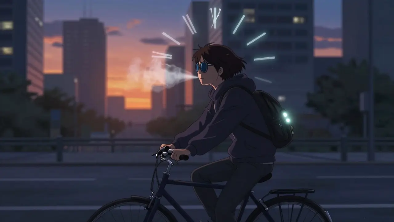 A commuter biking home at dawn wearing sunglasses, with ghostly clock hands spinning around them.