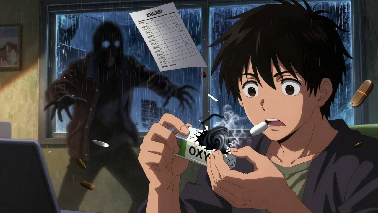 A counterfeit pill cracking open to reveal fentanyl smoke, with a desperate figure behind and dosage charts floating nearby.