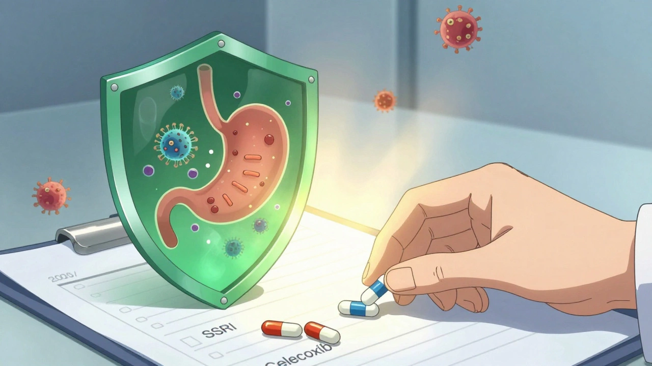 A doctor places a protective PPI pill beside SSRI and celecoxib, with a green shield shielding the stomach from H. pylori in anime style.