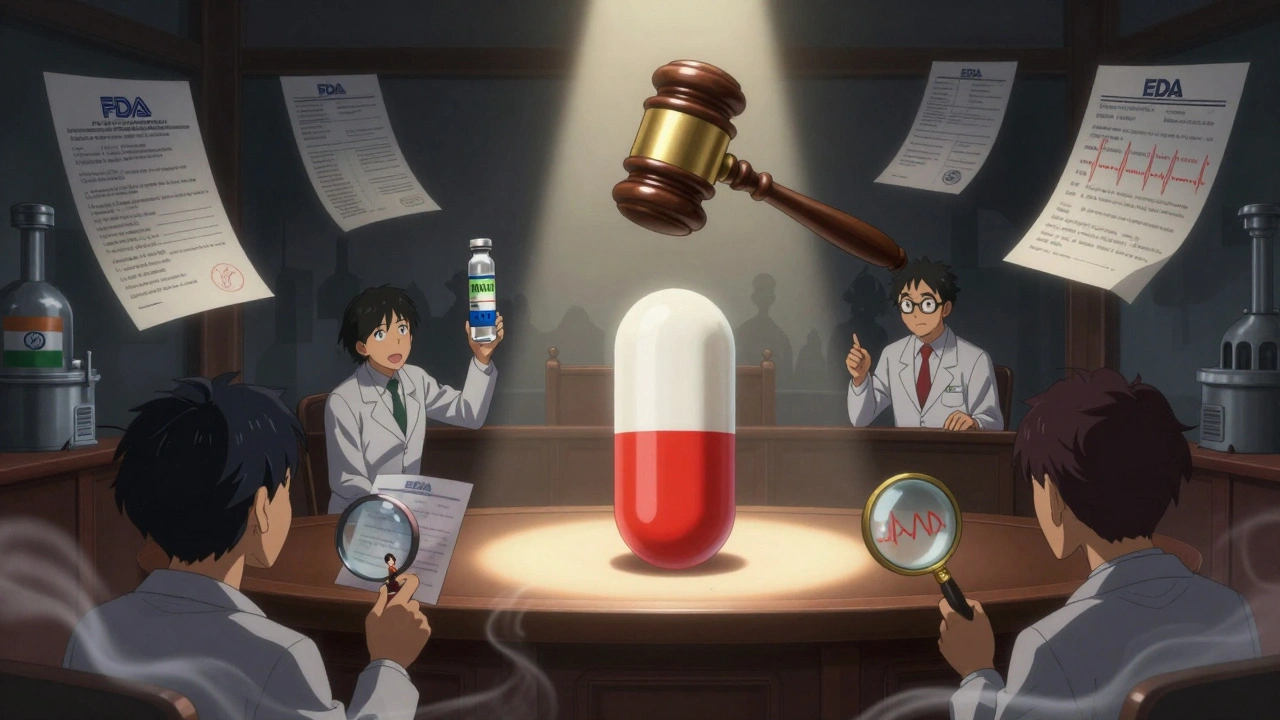 A generic pill on trial surrounded by medical evidence and factory silhouettes in a surreal courtroom