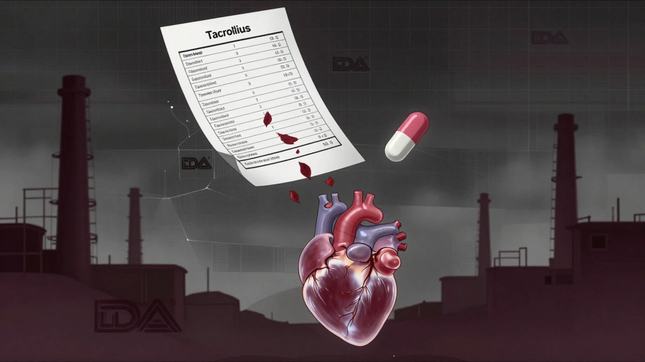 A medical chart with dropping tacrolimus levels above a fading heart transplant, a cracked generic pill above it.