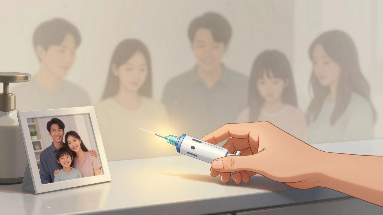 A naloxone injector on a counter beside a family photo, ghostly figures fading in the background under soft golden light.
