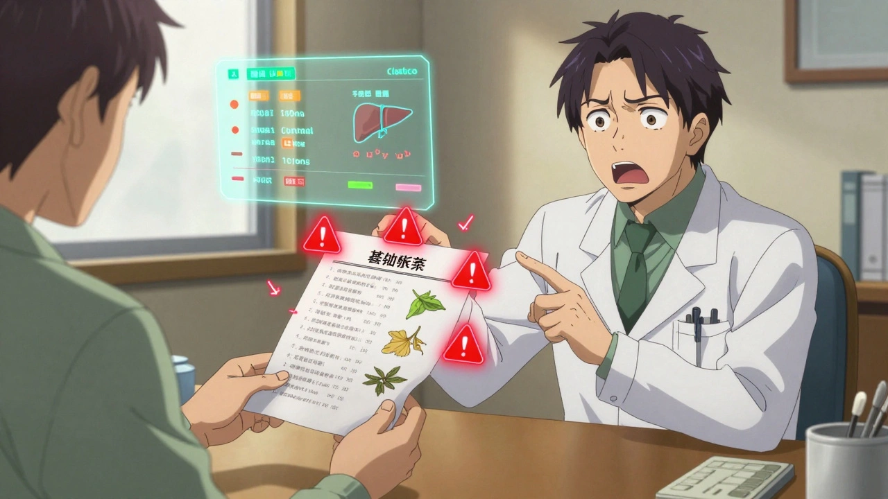 A patient handing a list of herbs to a doctor, with glowing warning symbols rising from the paper.