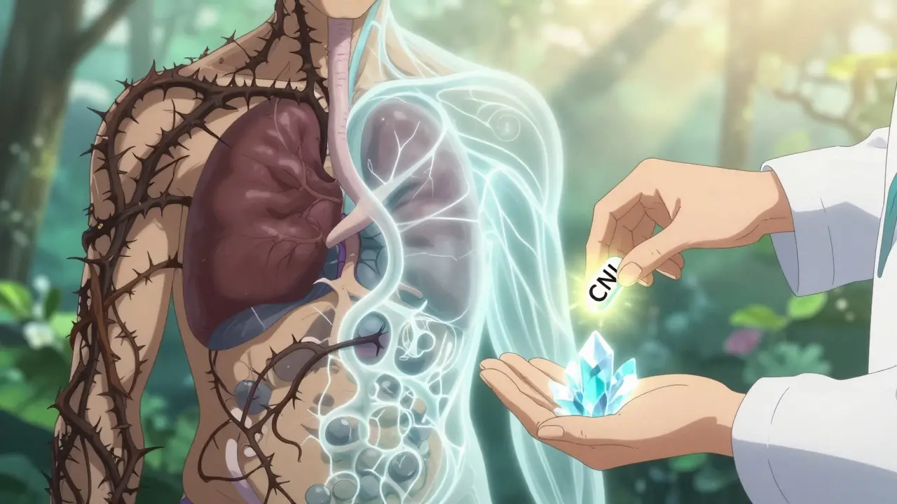 A patient’s body transforming from toxic vines to a glowing light network as they switch from calcineurin inhibitors to a safer drug.