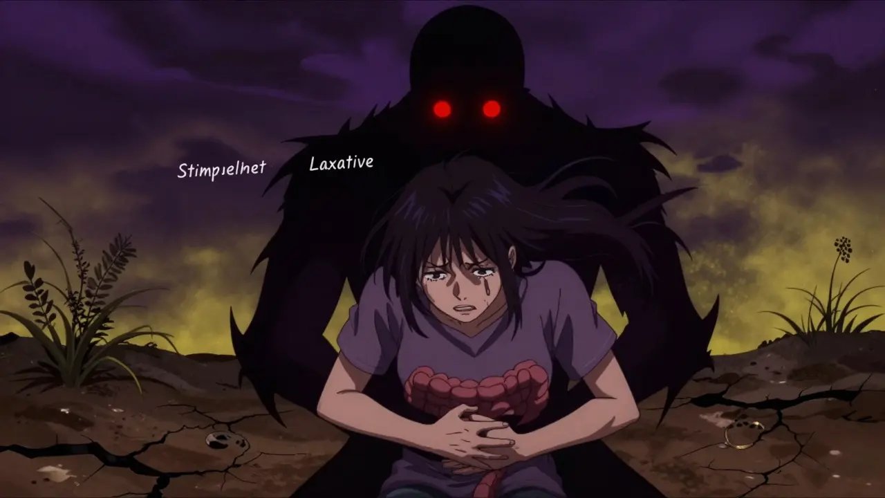 A person in pain with a menacing shadow figure representing stimulant laxatives looming behind.
