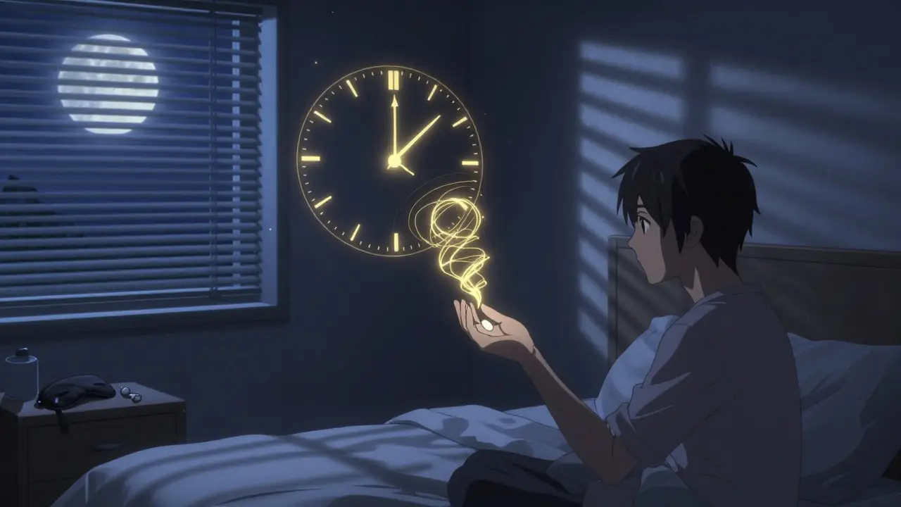 A person taking melatonin at night as golden threads form a floating clock symbolizing jet lag recovery.
