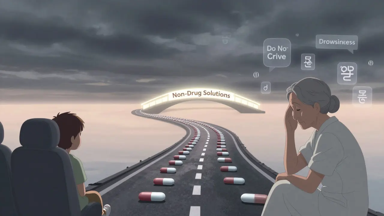 A symbolic road of medications leading to a light bridge representing non-drug travel health solutions.