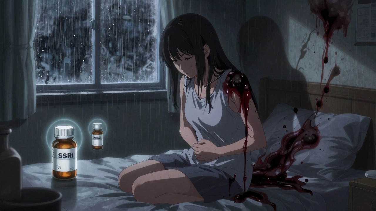 A woman clutching her abdomen as her shadow becomes a bleeding ulcer, with SSRI and NSAID pills glowing beside her in anime style.